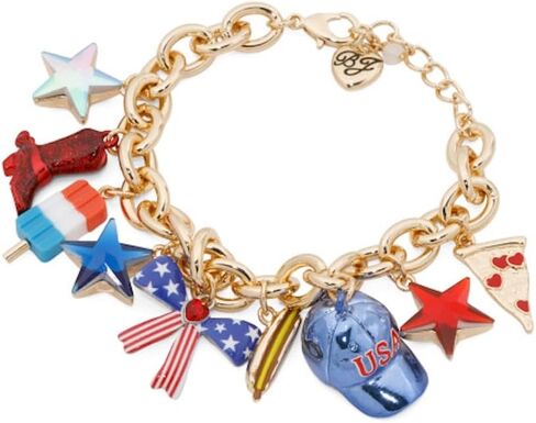 Betsey Johnson Americana Charm Bracelet, Gold-Plated, Glass Crystal Charms, 8 Inch with 1.5 Inch Extender, Lobster Claw Closure in Kuwait
