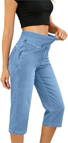 Womens Denim Capris Elastic Waist Pull On Denim Pants Casual Summer Stretch High Waist Cropped Jean with Pockets in Saudi Arabia