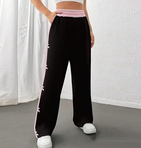 Women's Bow Wide Leg Pants - High Waist Ruffle Waistband Side Stripe Casual Pants for Y2K in Kuwait