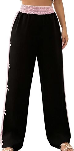 Women's Bow Wide Leg Pants - High Waist Ruffle Waistband Side Stripe Casual Pants for Y2K in Kuwait