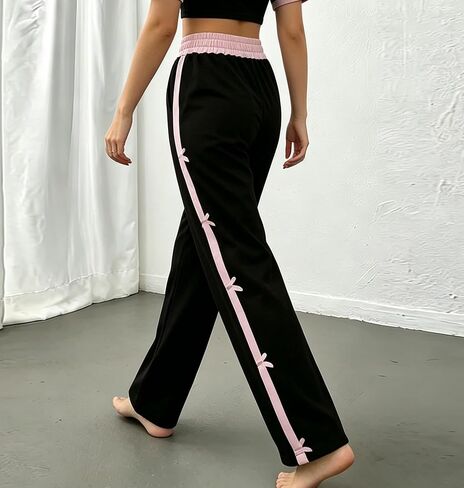 Women's Bow Wide Leg Pants - High Waist Ruffle Waistband Side Stripe Casual Pants for Y2K in Kuwait