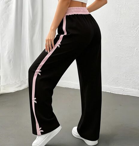 Women's Bow Wide Leg Pants - High Waist Ruffle Waistband Side Stripe Casual Pants for Y2K in Kuwait