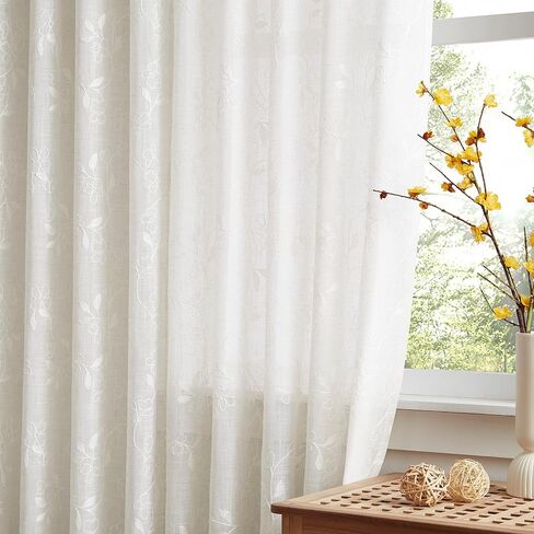 Vision Home Floral Sheer Linen Textured Curtains 95 inch Embroidered Leaf Patterned Farmhouse Light Filtering Window Panels for Living Room Bedroom White and Beige Rod Pocket Drapes 2 Panels 52"Wx95"L in Saudi Arabia
