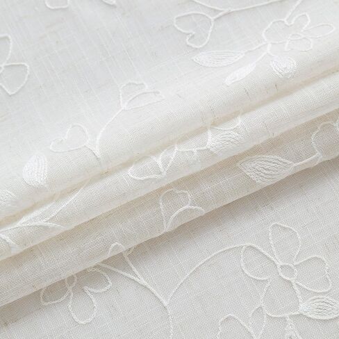 Vision Home Floral Sheer Linen Textured Curtains 95 inch Embroidered Leaf Patterned Farmhouse Light Filtering Window Panels for Living Room Bedroom White and Beige Rod Pocket Drapes 2 Panels 52"Wx95"L in Saudi Arabia
