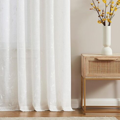 Vision Home Floral Sheer Linen Textured Curtains 95 inch Embroidered Leaf Patterned Farmhouse Light Filtering Window Panels for Living Room Bedroom White and Beige Rod Pocket Drapes 2 Panels 52"Wx95"L in Saudi Arabia