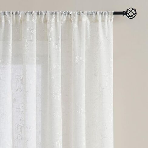 Vision Home Floral Sheer Linen Textured Curtains 95 inch Embroidered Leaf Patterned Farmhouse Light Filtering Window Panels for Living Room Bedroom White and Beige Rod Pocket Drapes 2 Panels 52"Wx95"L in Saudi Arabia