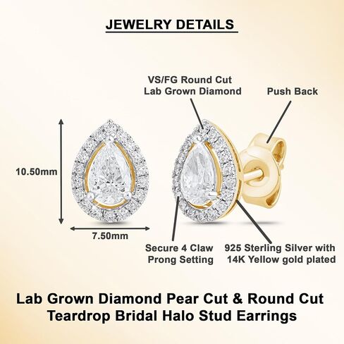 Dewberry 0.92 Carat IGI Certified Lab Grown Diamond Pear Cut Halo Stud Earrings | 14K White or Yellow Gold Plating on 925 Sterling Silver | Hypoallergenic Push Back Earrings For Women (Clarity: VS/ Color: FG) in Saudi Arabia