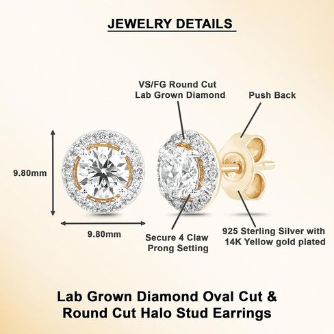 Dewberry 1.3Ct Round Cut IGI Certified Lab Grown Diamond Halo Stud Earrings | 14K White or Yellow Gold Plating on 925 Silver | Hypoallergenic Push Back Earrings For Women (Clarity: VS/Color: FG) in Saudi Arabia