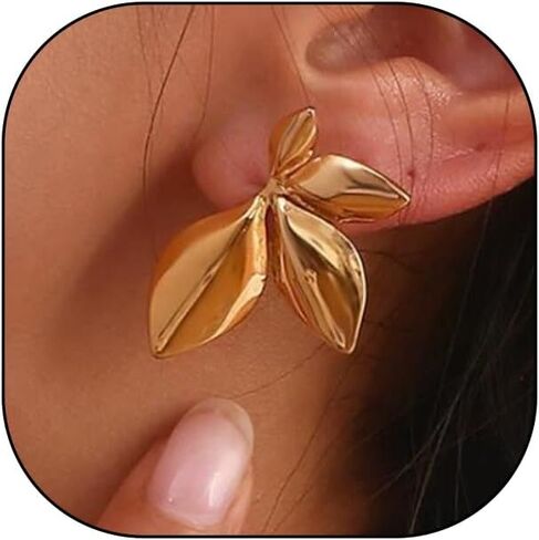Chunky Gold Flower Stud Earrings for Women, Vintage Asymmetrical Aesthetic Glossy Leaf Statement Earrings,Personalized Trendy Jewelry Accessories Gift in Saudi Arabia