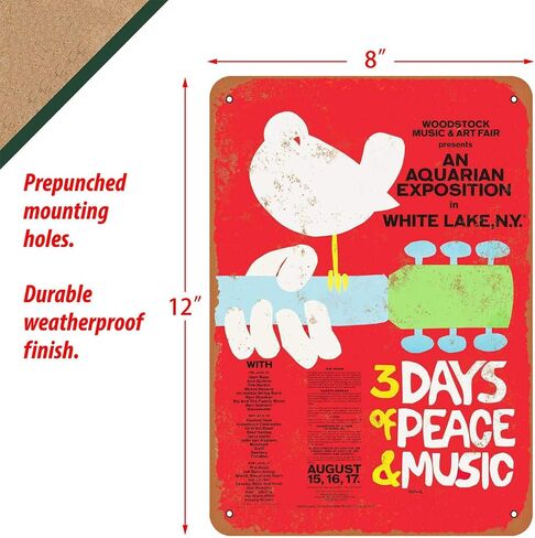Agedsign Woodstock Poster, Vintage Metal Wall Art Woodstock Tin Sign for Bar Home Man Cave Coffee Decor 8x12 Inches in Saudi Arabia