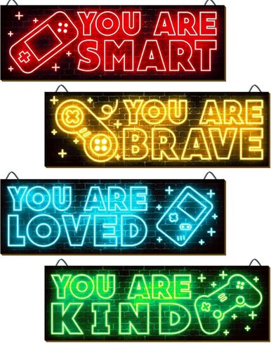Miumoon 4pcs Neon Game Art Prints, Wood Wall Art Decor for Boys Room, Gamer Decorations, Inspirational Quote Wall Decor, Modern Home Decor, 12 x 4 Inch, Red in Saudi Arabia