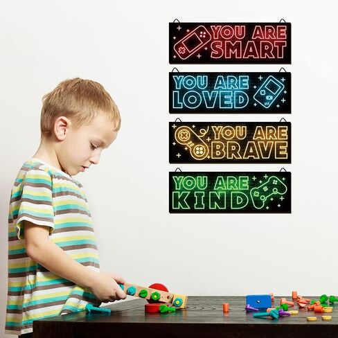 Miumoon 4pcs Neon Game Art Prints, Wood Wall Art Decor for Boys Room, Gamer Decorations, Inspirational Quote Wall Decor, Modern Home Decor, 12 x 4 Inch, Red in Saudi Arabia