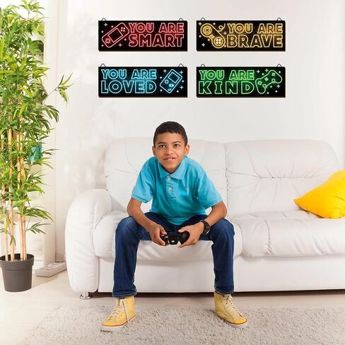 Miumoon 4pcs Neon Game Art Prints, Wood Wall Art Decor for Boys Room, Gamer Decorations, Inspirational Quote Wall Decor, Modern Home Decor, 12 x 4 Inch, Red in Saudi Arabia