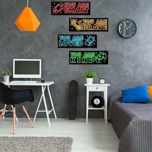 Miumoon 4pcs Neon Game Art Prints, Wood Wall Art Decor for Boys Room, Gamer Decorations, Inspirational Quote Wall Decor, Modern Home Decor, 12 x 4 Inch, Red in Saudi Arabia