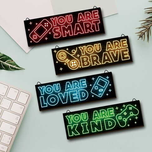 Miumoon 4pcs Neon Game Art Prints, Wood Wall Art Decor for Boys Room, Gamer Decorations, Inspirational Quote Wall Decor, Modern Home Decor, 12 x 4 Inch, Red in Saudi Arabia