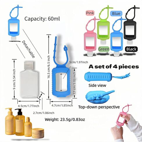 4-Pack Travel Refillable Leak Proof Squeeze Bottles with Silicone Sleeve & Keychain - 2oz/60ml Clear PETG Plastic Toiletry Containers for Hand Sanitizer, Lotion, Shampoo, Outdoor Essentials in Saudi Arabia