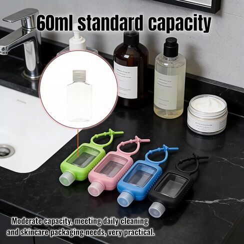 4-Pack Travel Refillable Leak Proof Squeeze Bottles with Silicone Sleeve & Keychain - 2oz/60ml Clear PETG Plastic Toiletry Containers for Hand Sanitizer, Lotion, Shampoo, Outdoor Essentials in Saudi Arabia