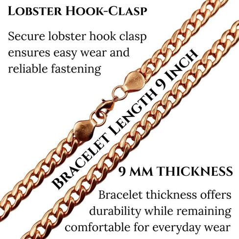 Pure Copper Chain Bracelet for Men & Women, 9 Inch Long Handmade Cuban Curb Link Chain Lobster Clasp Bracelet Jewelry, Daily Wear Statement Jewelry Gift For Unisex in Saudi Arabia