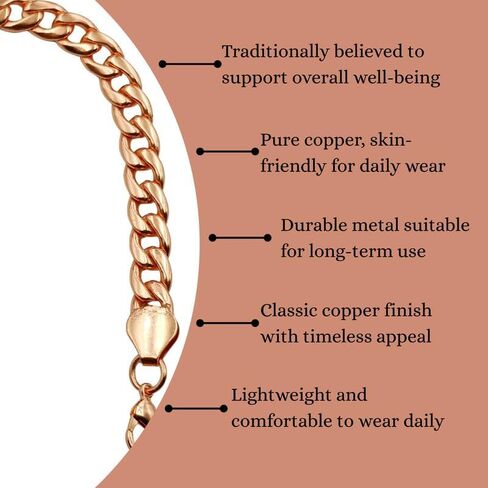 Pure Copper Chain Bracelet for Men & Women, 9 Inch Long Handmade Cuban Curb Link Chain Lobster Clasp Bracelet Jewelry, Daily Wear Statement Jewelry Gift For Unisex in Saudi Arabia