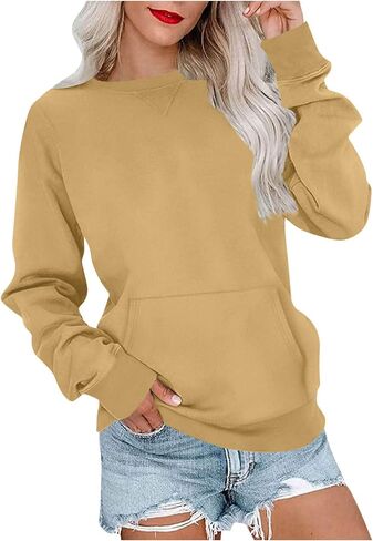 Women's Crew Neck Basic Cute Sweatshirt Long Sleeve Pocket Relaxed Fit Casual Pullover Tops Streerwear Loose Blouse in Saudi Arabia