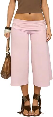 ROAONOCOMO Fold Over Capri Pantd for Women Wide Leg Gaucho Cropped Trousers Y2K Low Rise Fold Waist Casual Lounge Carpris in Saudi Arabia