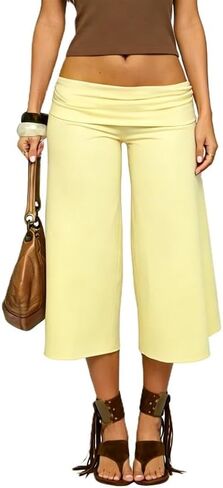 ROAONOCOMO Fold Over Capri Pantd for Women Wide Leg Gaucho Cropped Trousers Y2K Low Rise Fold Waist Casual Lounge Carpris in Saudi Arabia