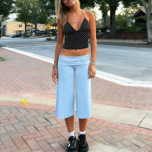 ROAONOCOMO Fold Over Capri Pantd for Women Wide Leg Gaucho Cropped Trousers Y2K Low Rise Fold Waist Casual Lounge Carpris in Saudi Arabia