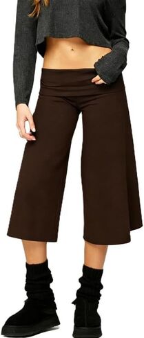 ROAONOCOMO Fold Over Capri Pantd for Women Wide Leg Gaucho Cropped Trousers Y2K Low Rise Fold Waist Casual Lounge Carpris in Saudi Arabia