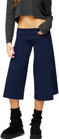 ROAONOCOMO Fold Over Capri Pantd for Women Wide Leg Gaucho Cropped Trousers Y2K Low Rise Fold Waist Casual Lounge Carpris in Saudi Arabia