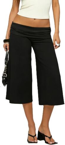 ROAONOCOMO Fold Over Capri Pantd for Women Wide Leg Gaucho Cropped Trousers Y2K Low Rise Fold Waist Casual Lounge Carpris in Saudi Arabia
