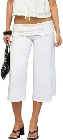ROAONOCOMO Fold Over Capri Pantd for Women Wide Leg Gaucho Cropped Trousers Y2K Low Rise Fold Waist Casual Lounge Carpris in Saudi Arabia