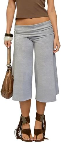 ROAONOCOMO Fold Over Capri Pantd for Women Wide Leg Gaucho Cropped Trousers Y2K Low Rise Fold Waist Casual Lounge Carpris in Saudi Arabia