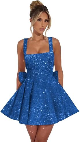Bow Homecoming Dresses Short Square Neck Cocktail Dresses Sequin Sparkly Prom Dress for Teens in Saudi Arabia