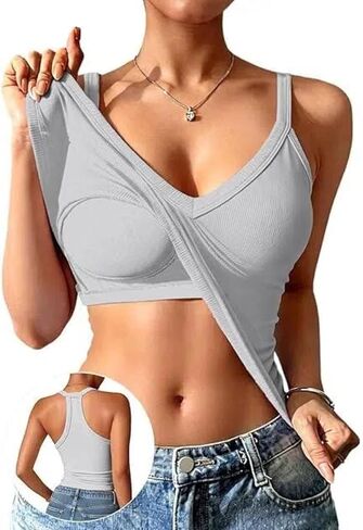 Athletic Tank Tops for Women Built in Bras V Neck Ribbed Camisole Knit Elastic Tanks Top Workout Strechy Slim Fit in Saudi Arabia