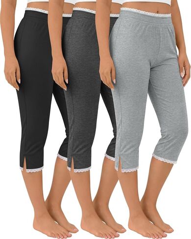 Oakgarden 3 Pack Women's Capri Legging with Lace Trim Split Hem Elastic Waist Capri Pants Stretch Summer Casual Cropped Pant in Saudi Arabia