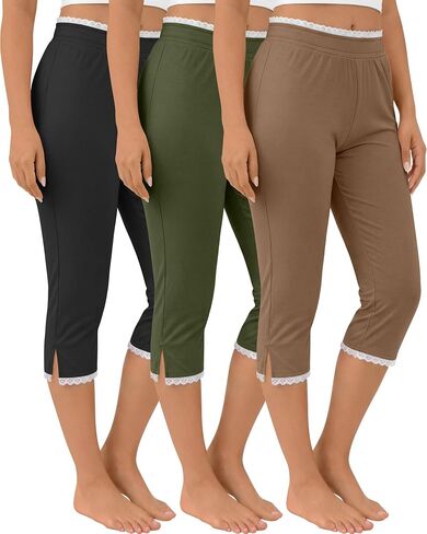 Oakgarden 3 Pack Women's Capri Legging with Lace Trim Split Hem Elastic Waist Capri Pants Stretch Summer Casual Cropped Pant in Kuwait