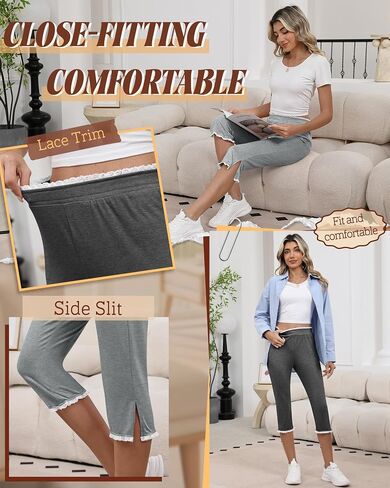 Oakgarden 3 Pack Women's Capri Legging with Lace Trim Split Hem Elastic Waist Capri Pants Stretch Summer Casual Cropped Pant in Saudi Arabia