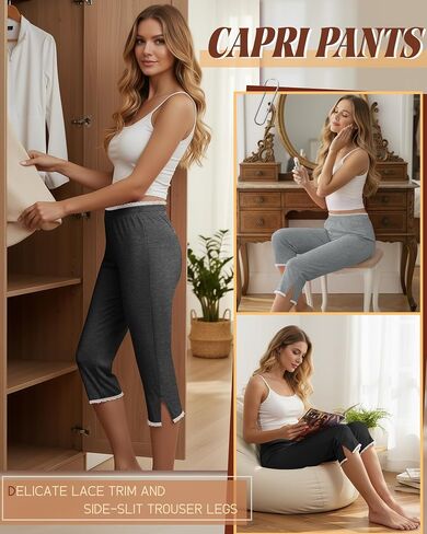 Oakgarden 3 Pack Women's Capri Legging with Lace Trim Split Hem Elastic Waist Capri Pants Stretch Summer Casual Cropped Pant in Saudi Arabia
