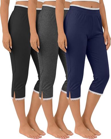 Oakgarden 3 Pack Women's Capri Legging with Lace Trim Split Hem Elastic Waist Capri Pants Stretch Summer Casual Cropped Pant in Saudi Arabia