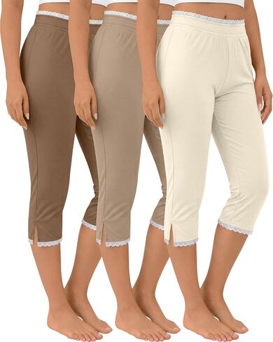 Oakgarden 3 Pack Women's Capri Legging with Lace Trim Split Hem Elastic Waist Capri Pants Stretch Summer Casual Cropped Pant in Saudi Arabia