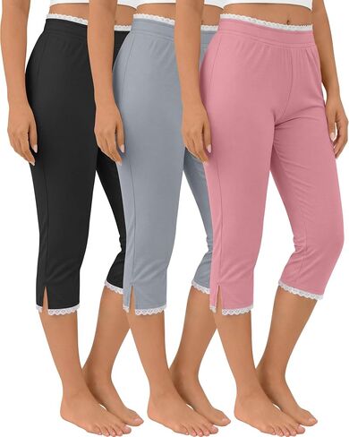 Oakgarden 3 Pack Women's Capri Legging with Lace Trim Split Hem Elastic Waist Capri Pants Stretch Summer Casual Cropped Pant in Saudi Arabia