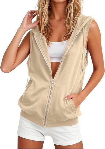 Sleeveless Hoodie Women Lightweight Zip Up Hooded Vest Casual Loose Fit Drawstring Sweatshirts with Pockets in Saudi Arabia