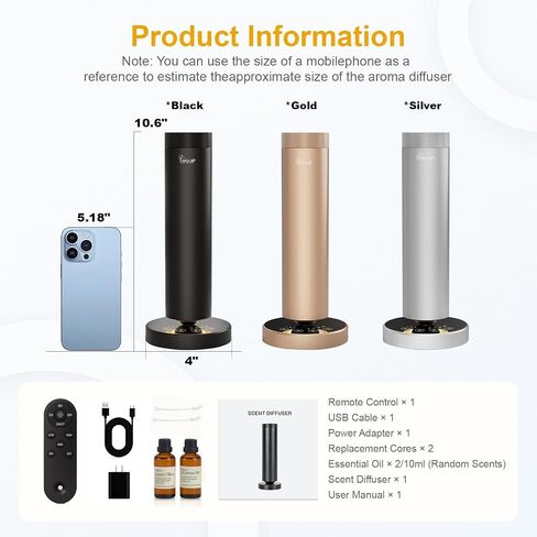 Waterless Diffuser,1500 Sq Ft,Ring Ambient Light,USB Plug-in & Rechargeable,Aluminum,Remote Control&Touch Buttons,Adjustable Fragrance&Timer,Hotel Collection Scent Machine - Satin Black in Saudi Arabia