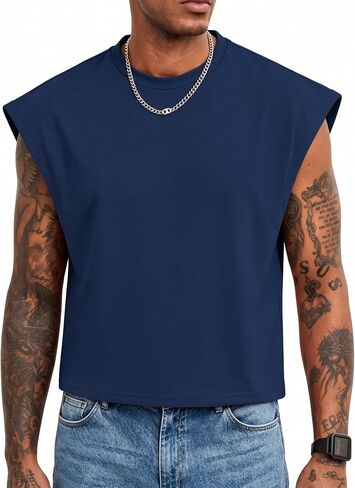 Mens Oversized Crop Top Cap Sleeve Boxy Cut Shirt Muscle Tank Tops Cropped Crewneck T Shirts in Saudi Arabia