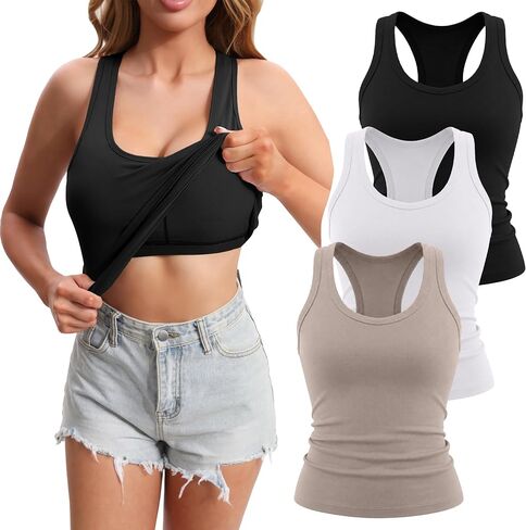 Siimcuzy 1/3 Pack Womens Built in Bra Tank Tops Padded Sleeveless Workout Athletic Yoga Shirts Fitted Crop Casual Tops in Saudi Arabia