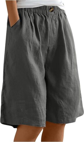 Lounge Shorts Women Cotton Linen Breathable Beach Bermuda Pants Casual Button Up Elastic Waist Shorts Fashion Trendy in Kuwait