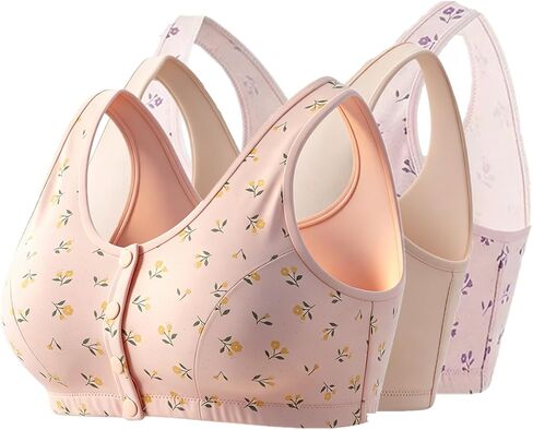 3Pack Middle-Aged Elder Woman Wirefree Bra Snap Front Button Closeure Comfortable Cotton Bra in Kuwait