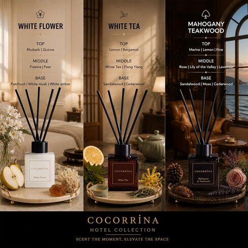COCORRÍNA Hotel Collection Reed Diffuser Set, 3.04 fl oz Trio, Mahogany Teakwood, White Flower & White Tea, Home Fragrance for Bathroom, Bedroom, Entryway & Office in Saudi Arabia