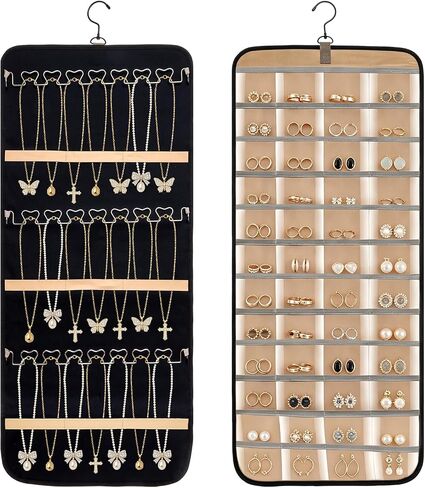 Double-Sided Hanging Jewelry Organizer 48 Pockets 21 Hooks Large Black Storage Bag Jewelry Organizer with Hanger for Closet Wall Door Tangle-Free Holder for Earrings Necklaces Rings Bracelets in Saudi Arabia