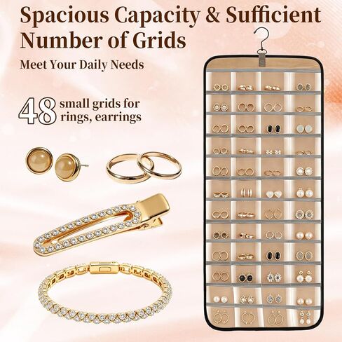Double-Sided Hanging Jewelry Organizer 48 Pockets 21 Hooks Large Black Storage Bag Jewelry Organizer with Hanger for Closet Wall Door Tangle-Free Holder for Earrings Necklaces Rings Bracelets in Saudi Arabia